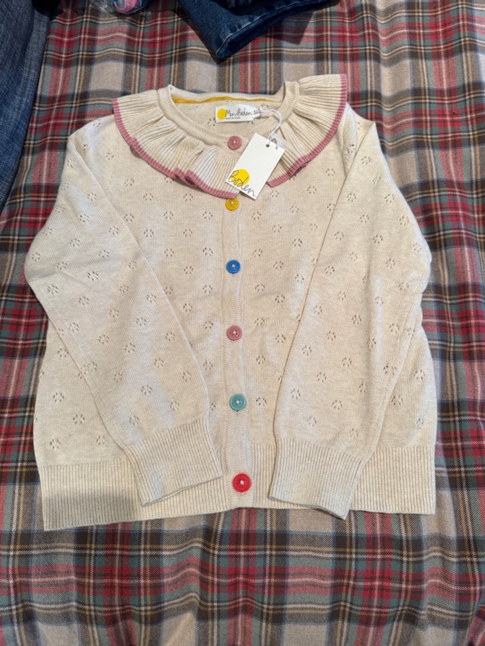 NWT——Mini Boden Cream Cardigan with Pink Trim and Multicolor Buttons